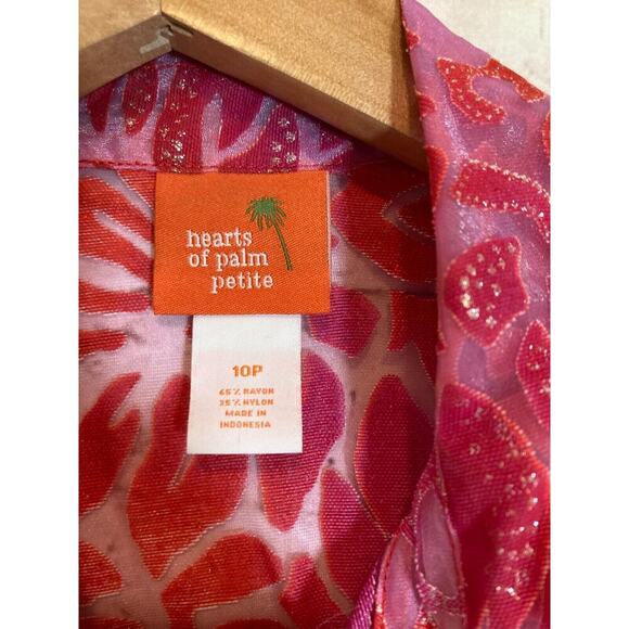 Hearts of Palm Top Womens 10 Petite Pink Glitter Burnout Button Up Sheer Floral - Picture 11 of 12